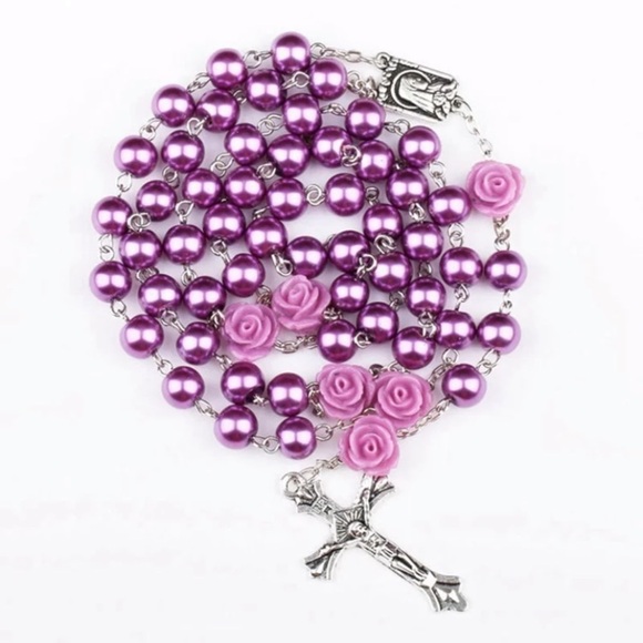 Purple Metallic Rose and Silver Embellishments Rosary - Picture 1 of 6